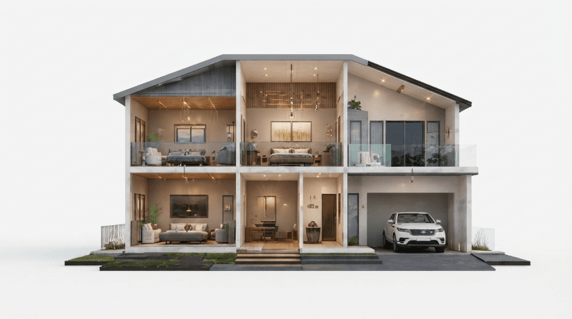 Cutaway illustration of a house showing the areas EasyMalik inspects