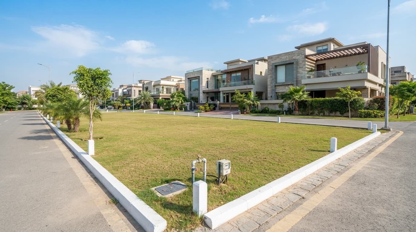 A vacant residential plot in a gated housing scheme