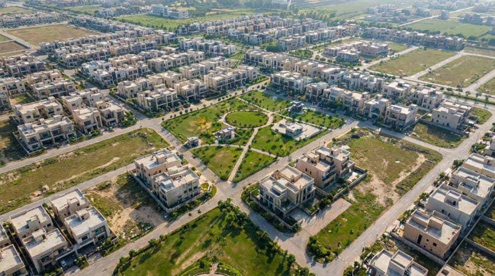 Aerial view of subdivided residential plots